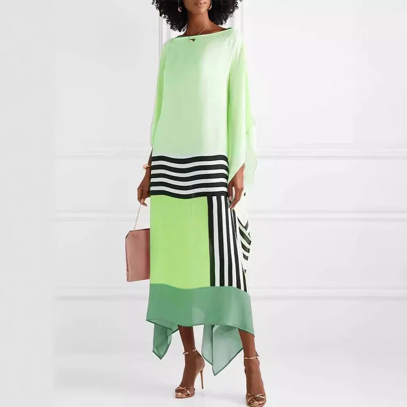 Front view of candy stripe patchwork dress