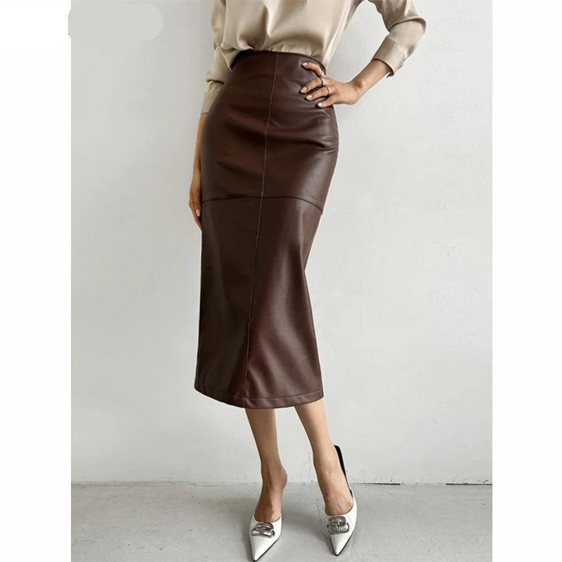 High-fashion look with the leather skirt styled for a night out