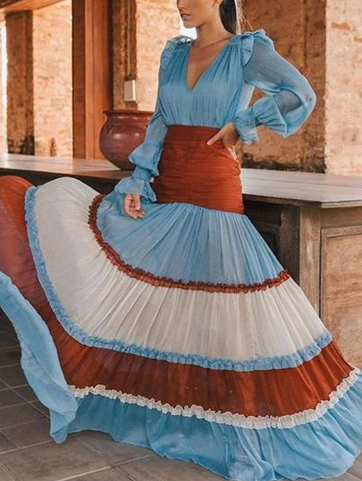 Autumn fashion patchwork long dress with flowy fit