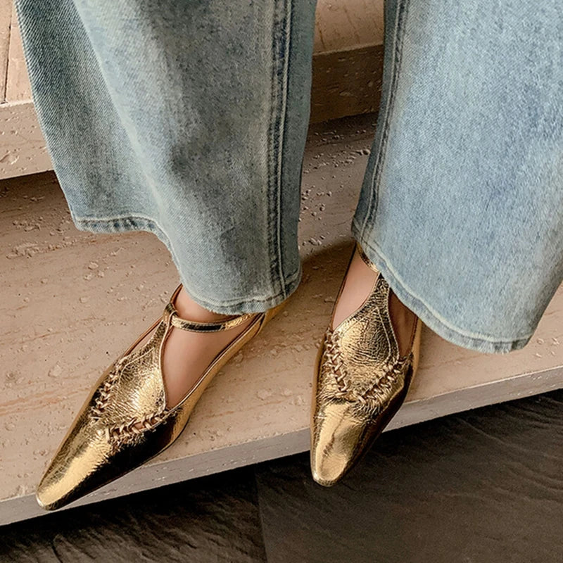 Genuine Sheepskin Gold Buckle T-strap Shoes