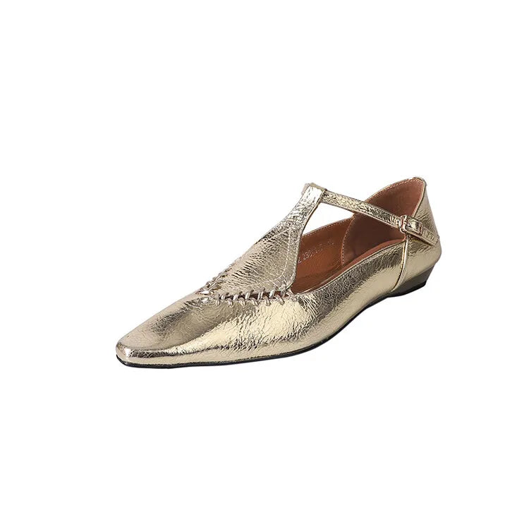 Genuine Sheepskin Gold Buckle T-strap Shoes