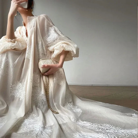French Elegant Lantern Sleeve Embroidery Midi Dress