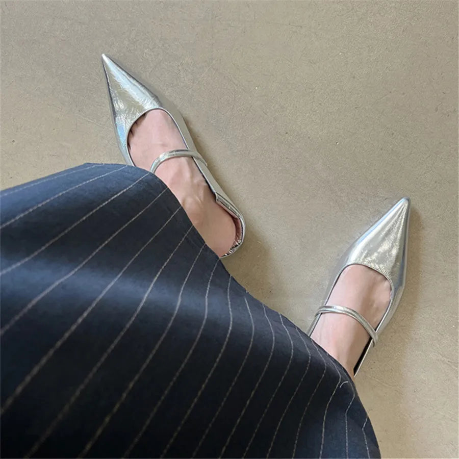 Elegant Retro Silver Designer Pointed Toe Flats