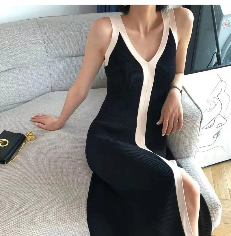 Sleeveless black dress for formal occasions.