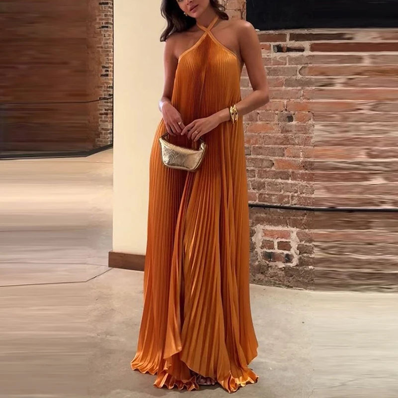 Sexy halter dress styled with high heels for a formal look