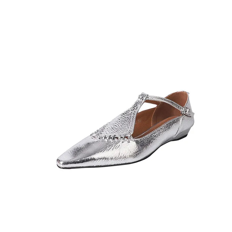 Genuine Sheepskin Gold Buckle T-strap Shoes
