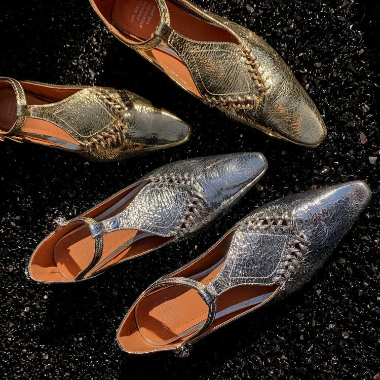 Genuine Sheepskin Gold Buckle T-strap Shoes