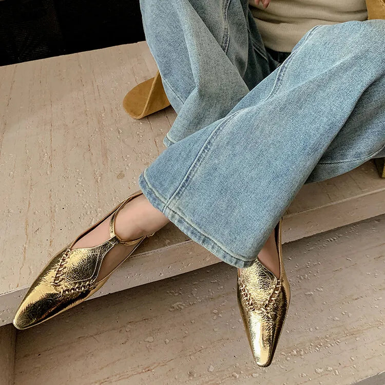 Genuine Sheepskin Gold Buckle T-strap Shoes