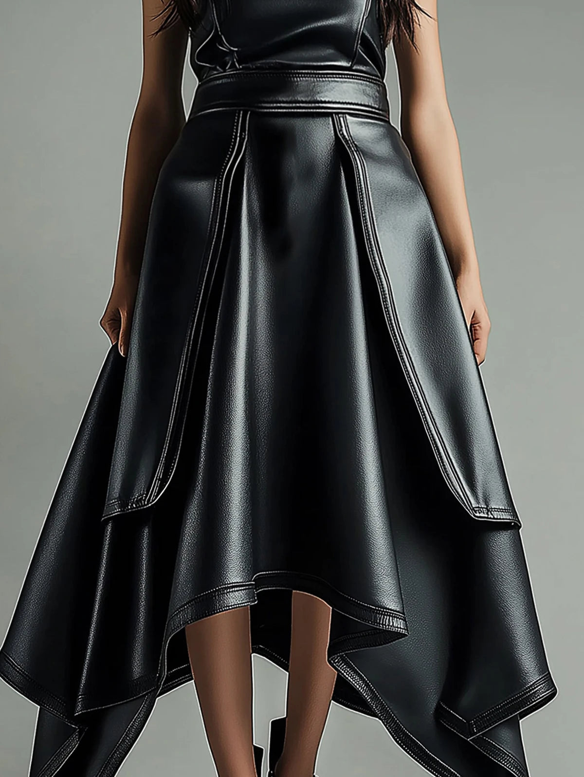 Fashionable High Waist PU Leather Asymmetric Skirt in Black