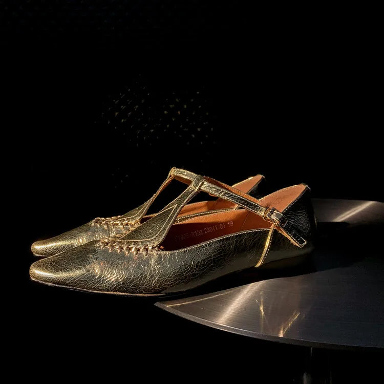 Genuine Sheepskin Gold Buckle T-strap Shoes