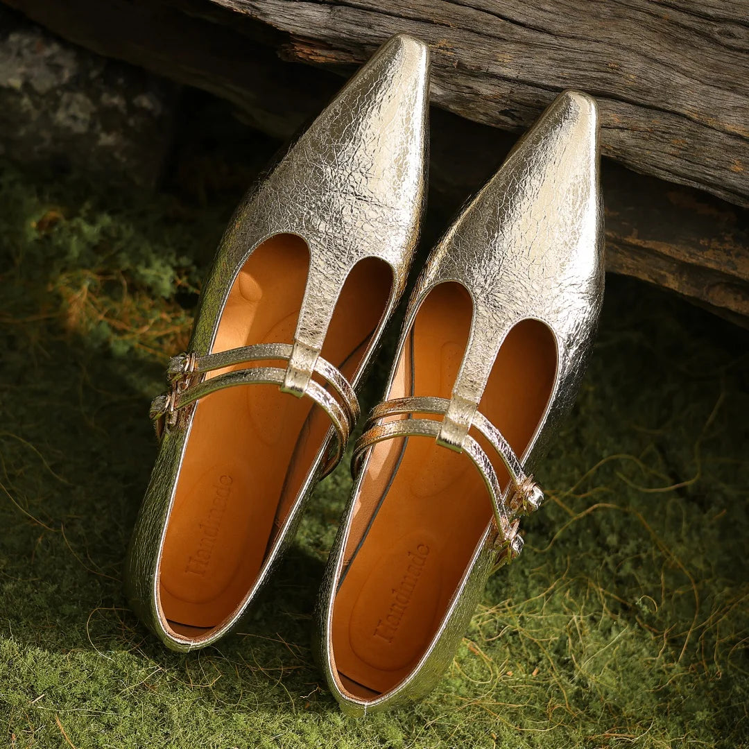 Genuine leather T-strap ballet flats pointed toe silver espadrilles