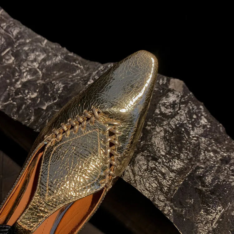 Genuine Sheepskin Gold Buckle T-strap Shoes
