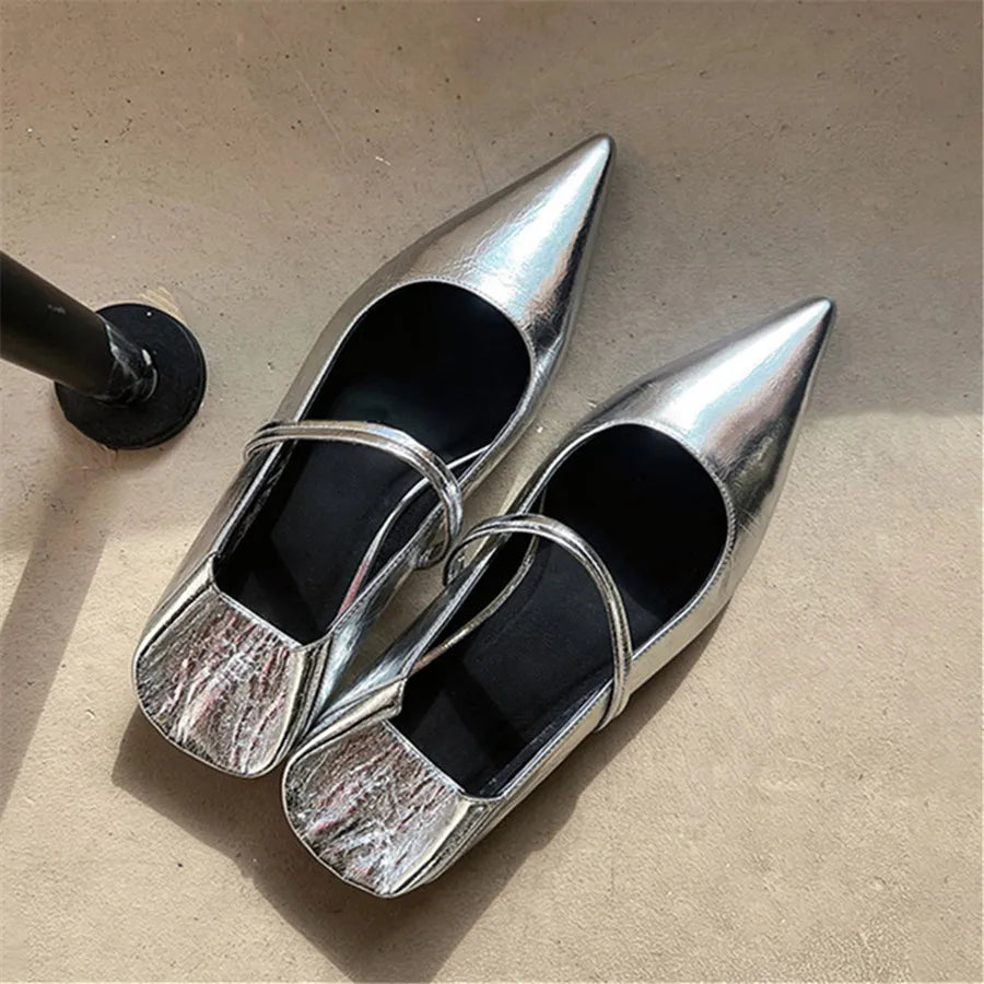 Elegant Retro Silver Designer Pointed Toe Flats