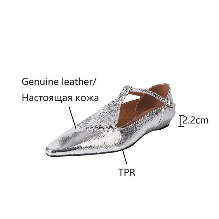 Genuine Sheepskin Gold Buckle T-strap Shoes