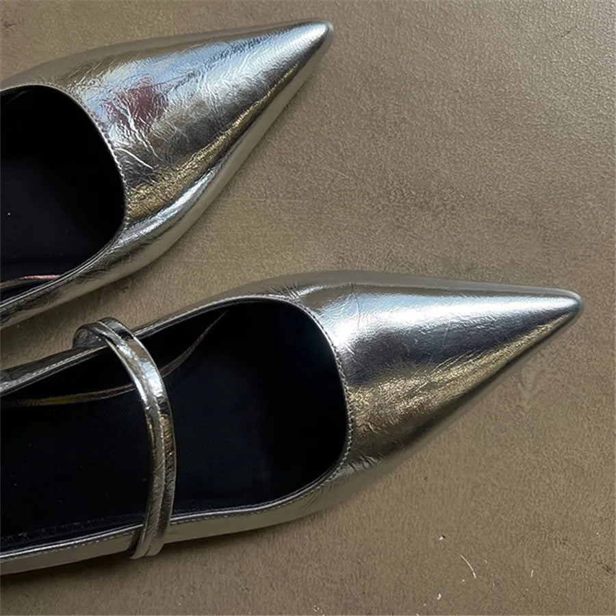 Elegant Retro Silver Designer Pointed Toe Flats