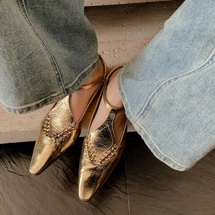 Genuine Sheepskin Gold Buckle T-strap Shoes