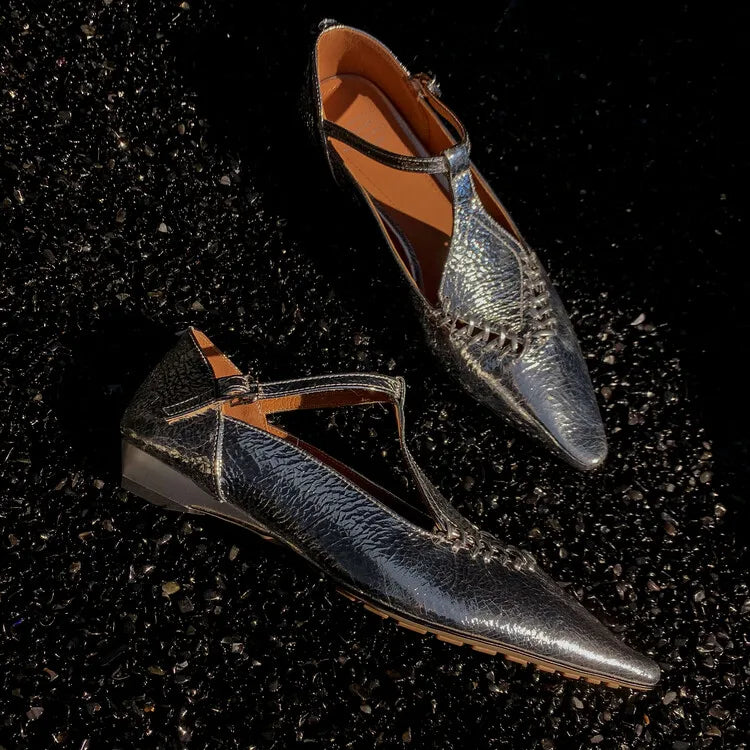 Genuine Sheepskin Gold Buckle T-strap Shoes