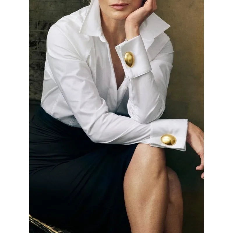 Office-ready white blouse with stylish buttons