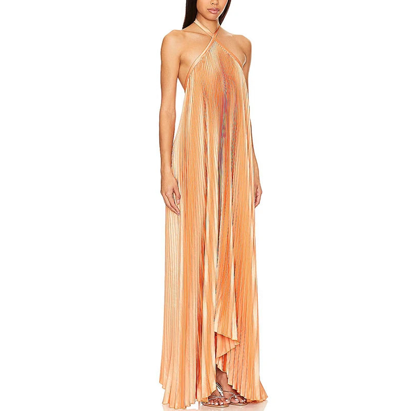 Model wearing the evening dress with elegant accessories