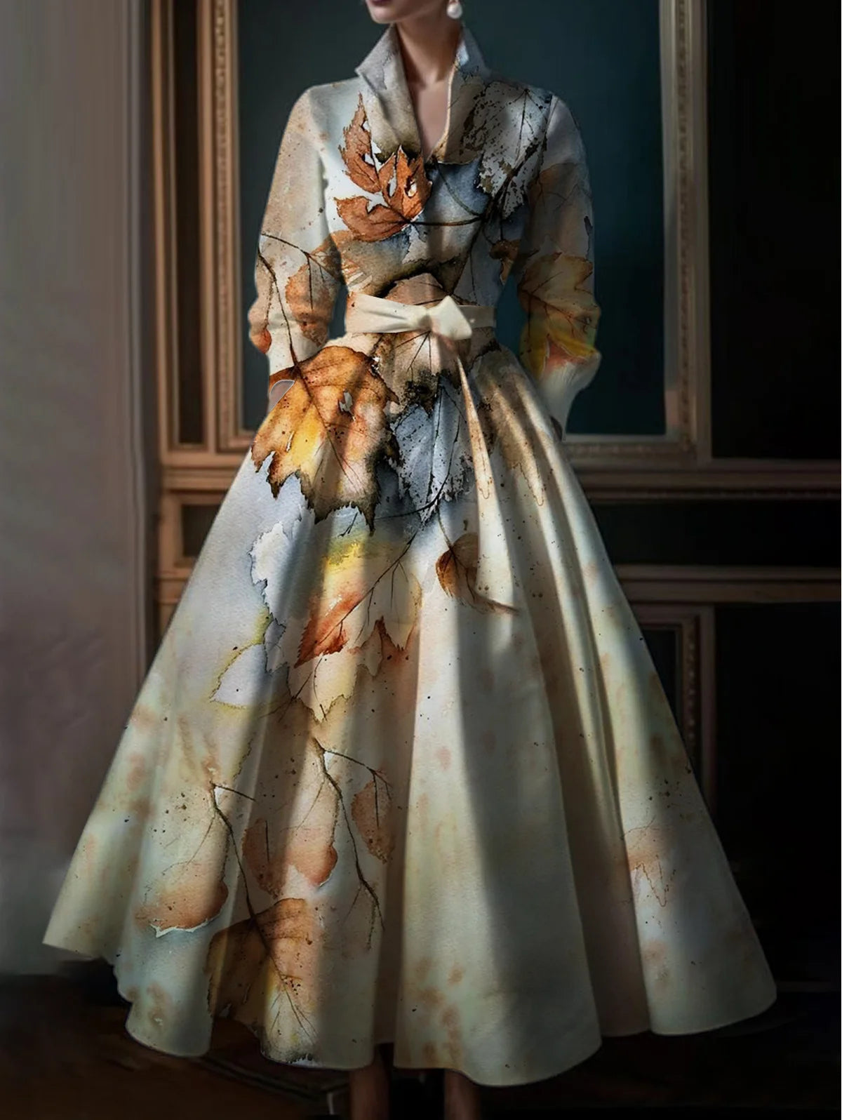 Elegant and comfortable leaf design maxi dress