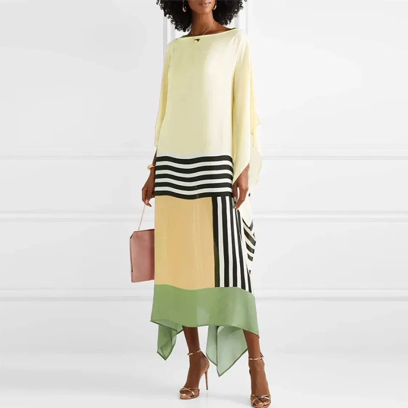 Close-up of patchwork design on candy stripe dress