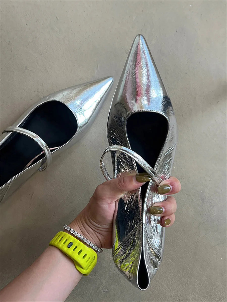 Elegant Retro Silver Designer Pointed Toe Flats