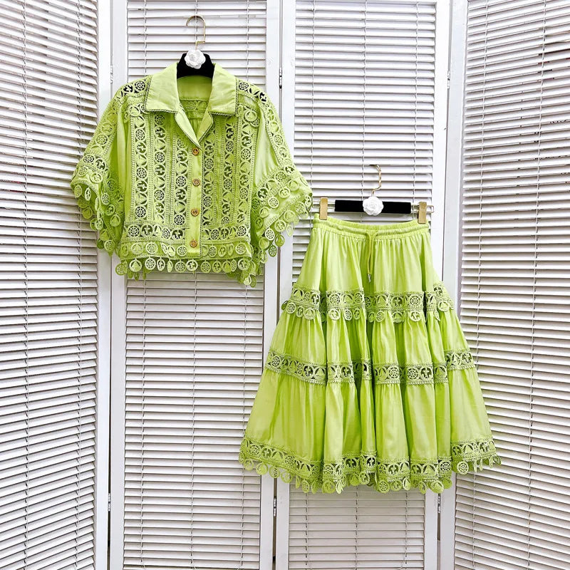 Chic Cotton Hollow Out 2-Piece Top and Skirt