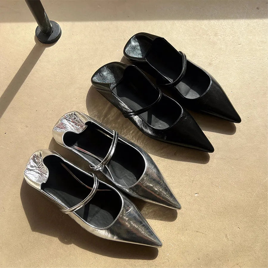 Elegant Retro Silver Designer Pointed Toe Flats