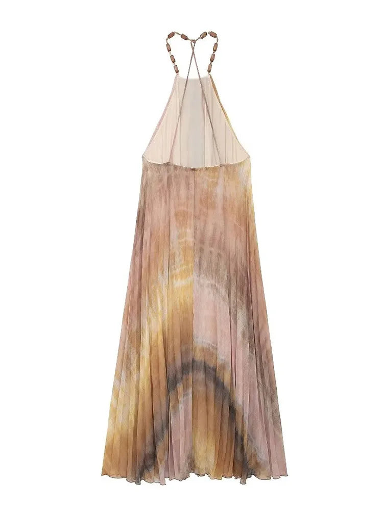 Side view of the TRAF Tie Dyed Pleated Midi Dress.