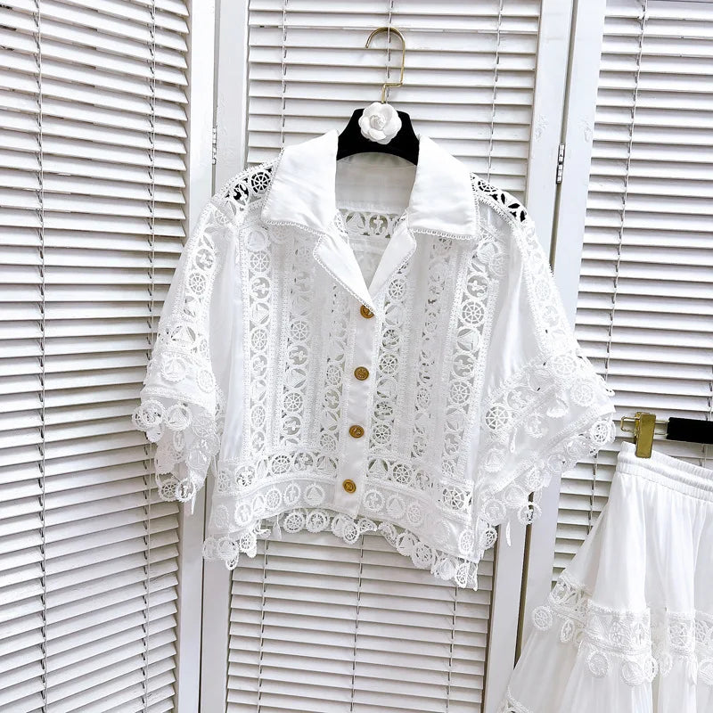 Chic Cotton Hollow Out 2-Piece Top and Skirt