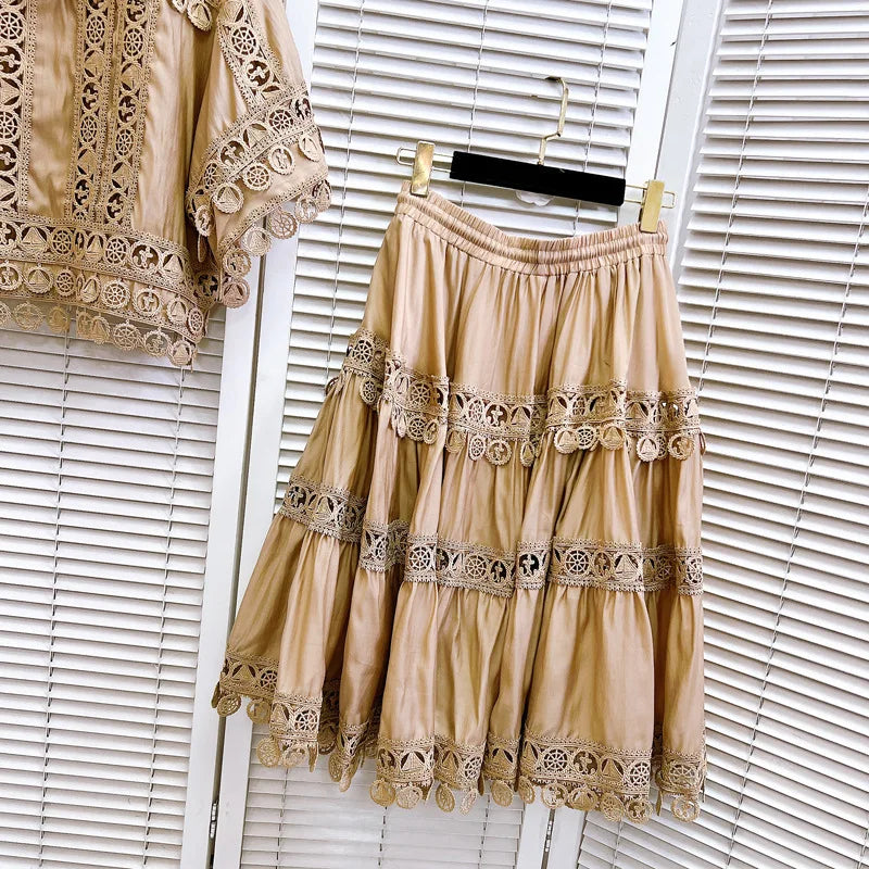 Chic Cotton Hollow Out 2-Piece Top and Skirt