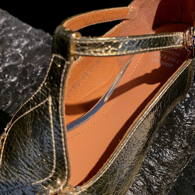 Genuine Sheepskin Gold Buckle T-strap Shoes