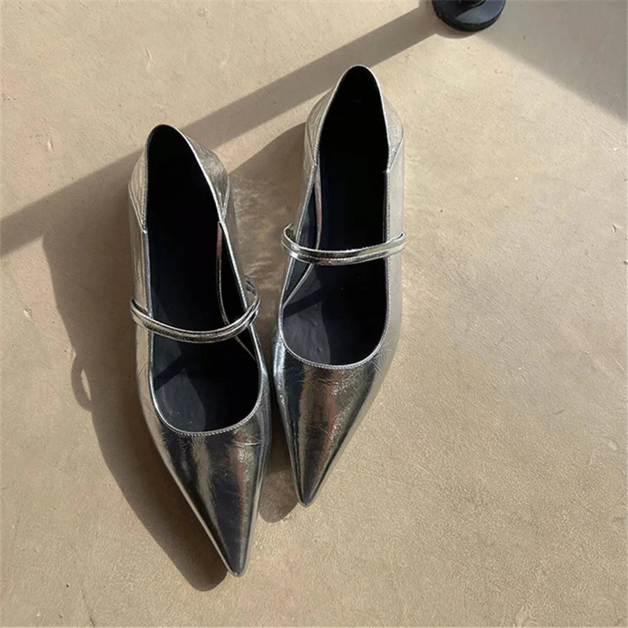 Elegant Retro Silver Designer Pointed Toe Flats