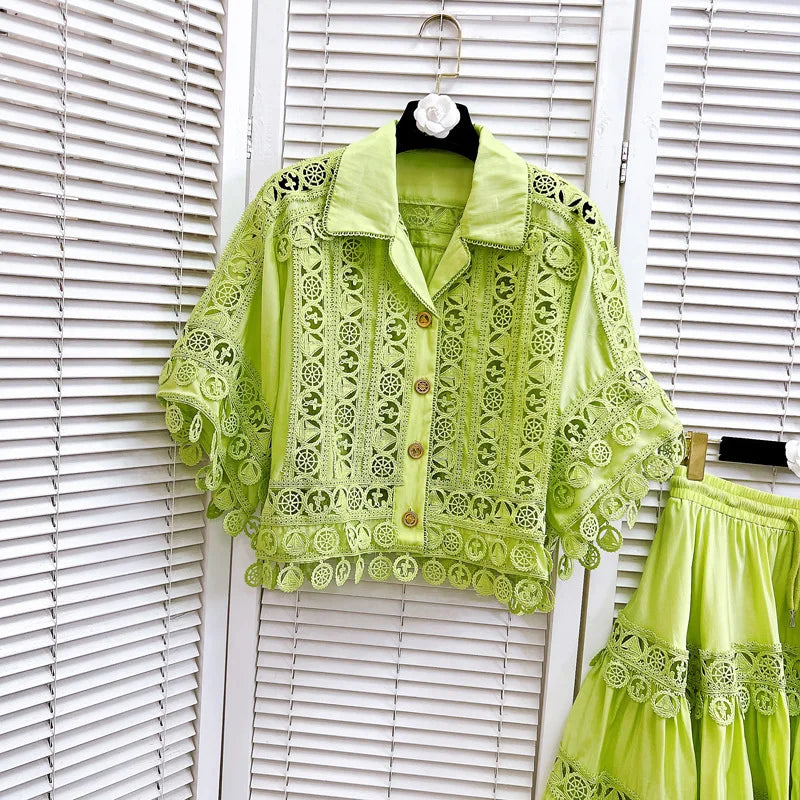 Chic Cotton Hollow Out 2-Piece Top and Skirt