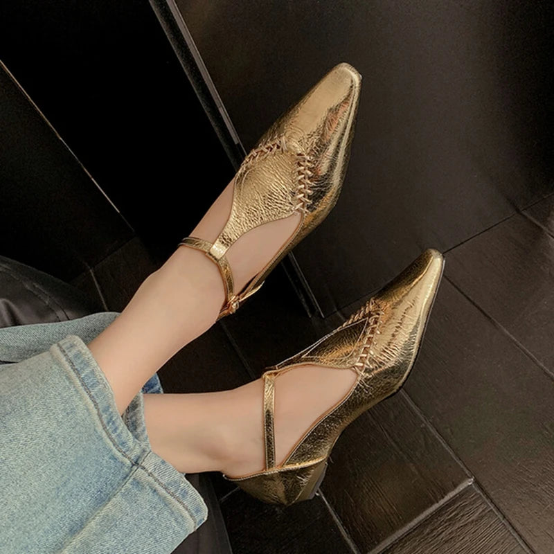Genuine Sheepskin Gold Buckle T-strap Shoes