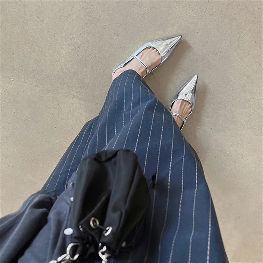Elegant Retro Silver Designer Pointed Toe Flats