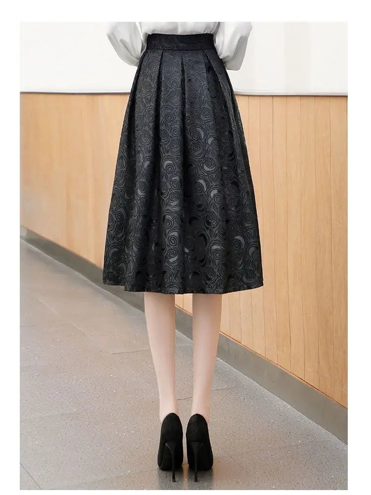 Model confidently walking in the skirt at a cocktail party