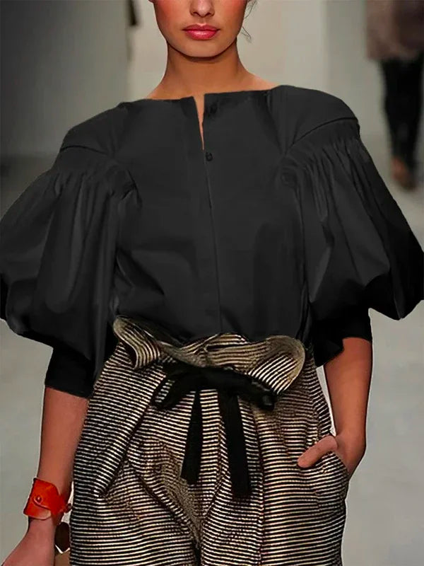 Puff Sleeves Blouses Summer Buttoned Casual Tops
