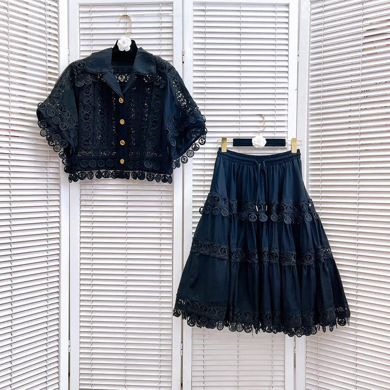 Chic Cotton Hollow Out 2-Piece Top and Skirt