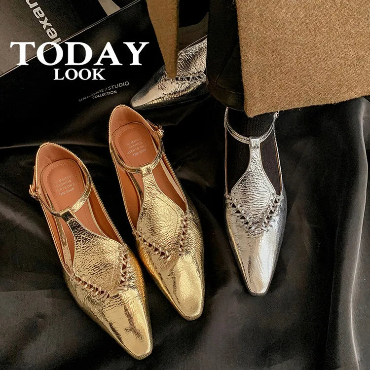 Genuine Sheepskin Gold Buckle T-strap Shoes