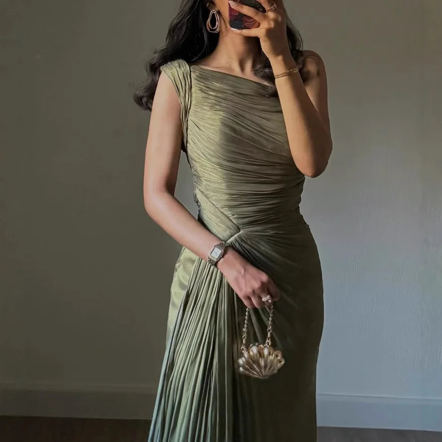 Flowing, Corseted, Pleated Evening Dress