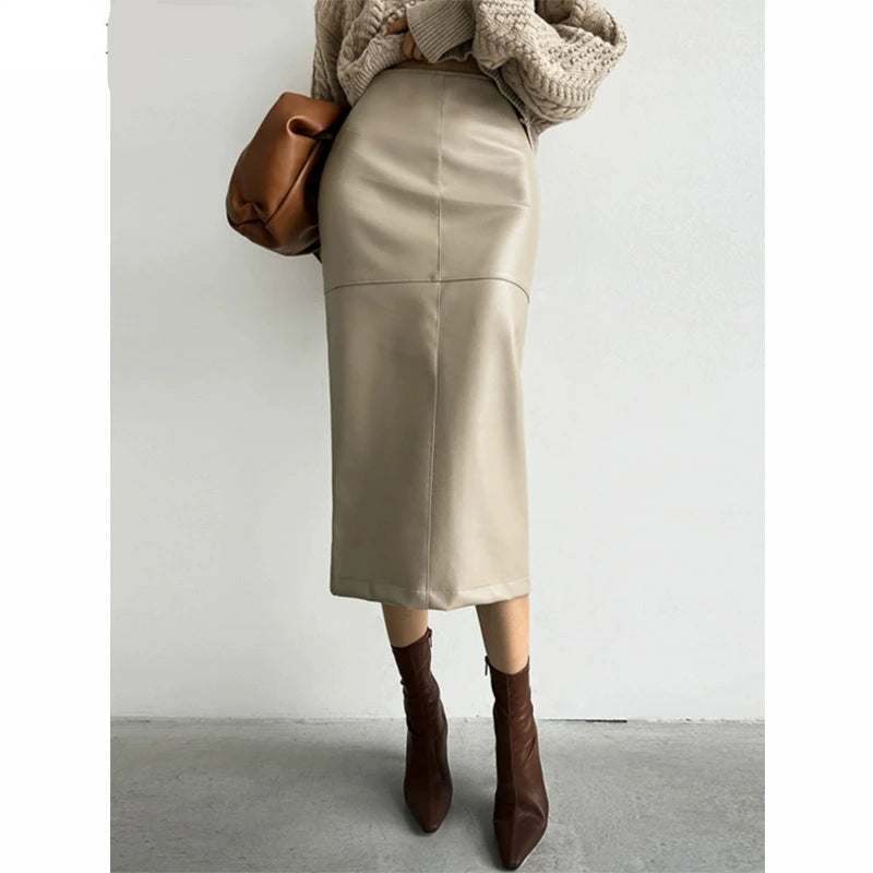 Front view of the Elegant Slim Split PU Leather Skirt showcasing the sleek design