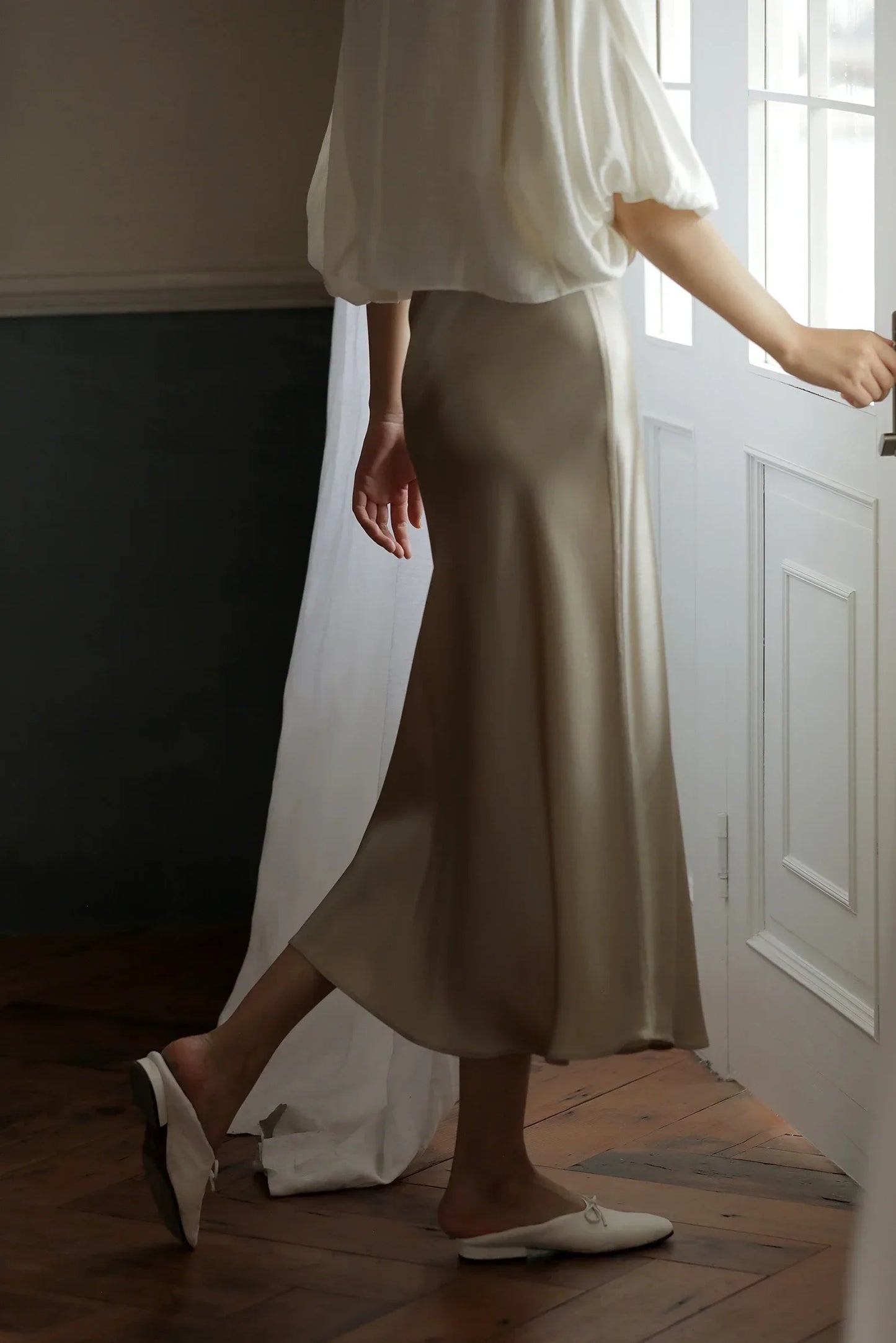 Ankle-length skirt with a soft A-line silhouette.