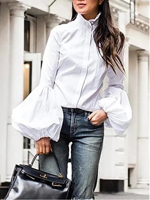 Split-Joint Stand Collar Blouse in Light White