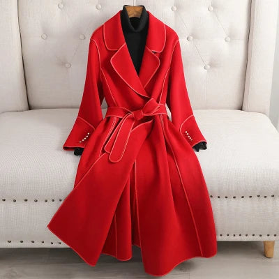 Patchwork Wool Coat for Women in a cozy indoor setting