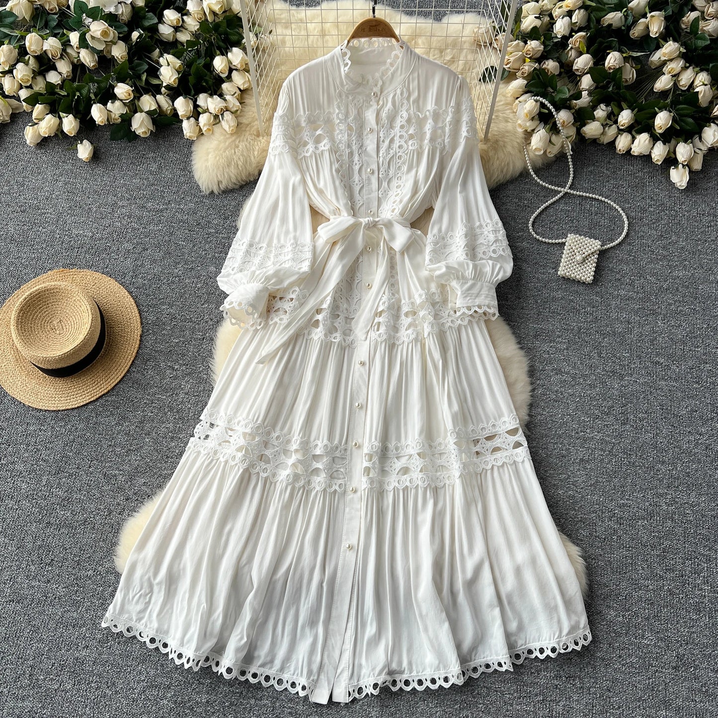 Elegant Hollow Out Hook Flower Lantern Sleeves Dresses