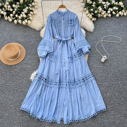 Elegant Hollow Out Hook Flower Lantern Sleeves Dresses