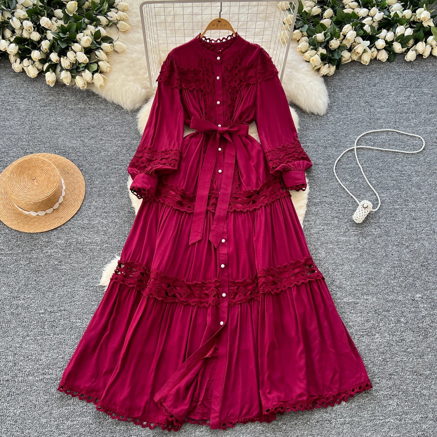 Elegant Hollow Out Hook Flower Lantern Sleeves Dresses