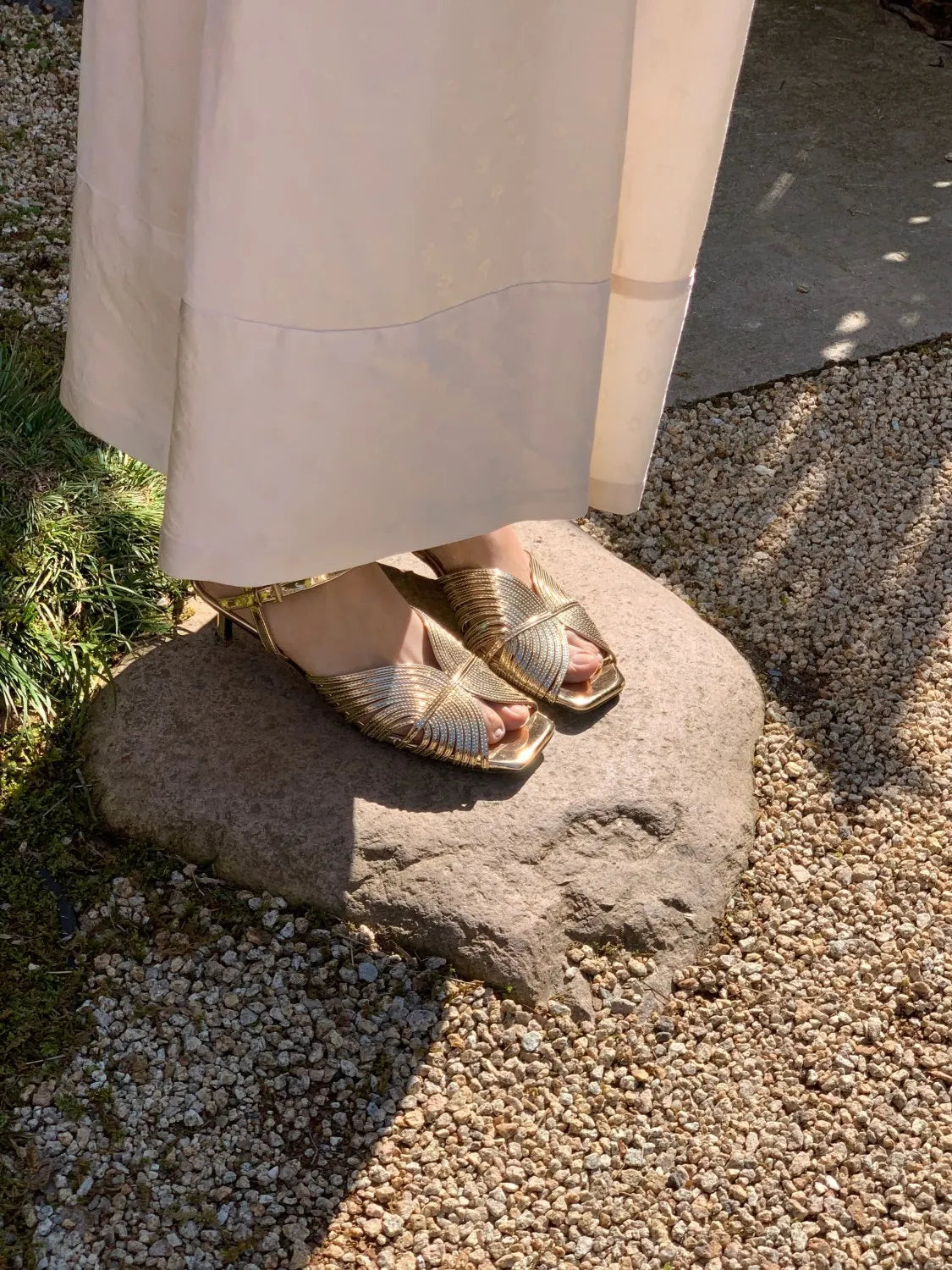 Summer Gold Open Toe Flats with Low Heel