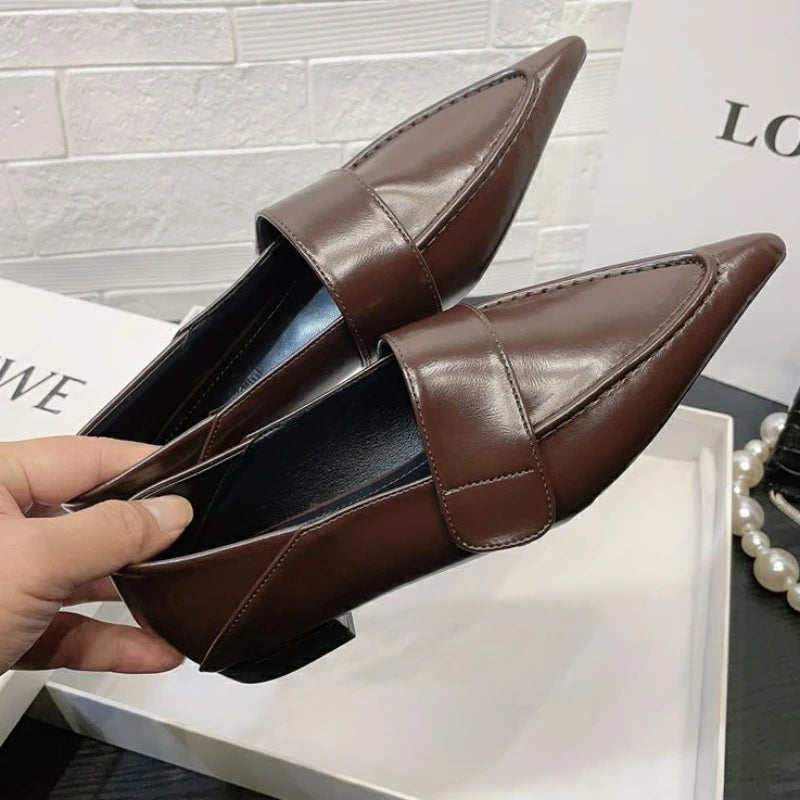 Fashionable pointed toe flats with sleek leather finish.
